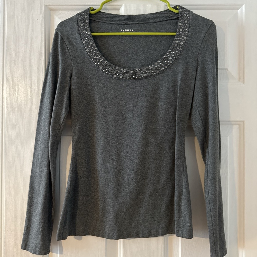 Express Charcoal Long Sleeve Top with Embellished Neckline